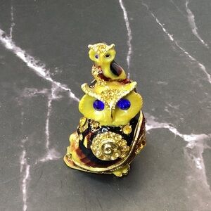 Jeweled Owl Trinket Box – Enamel Hinged Figurine with Baby Owl – Fabergé Style